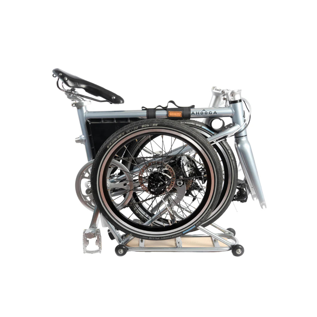 Close-up image of the Ahooga Rear Carrier when it is attached to an Ahooga folding bike which is in its fully folded position.