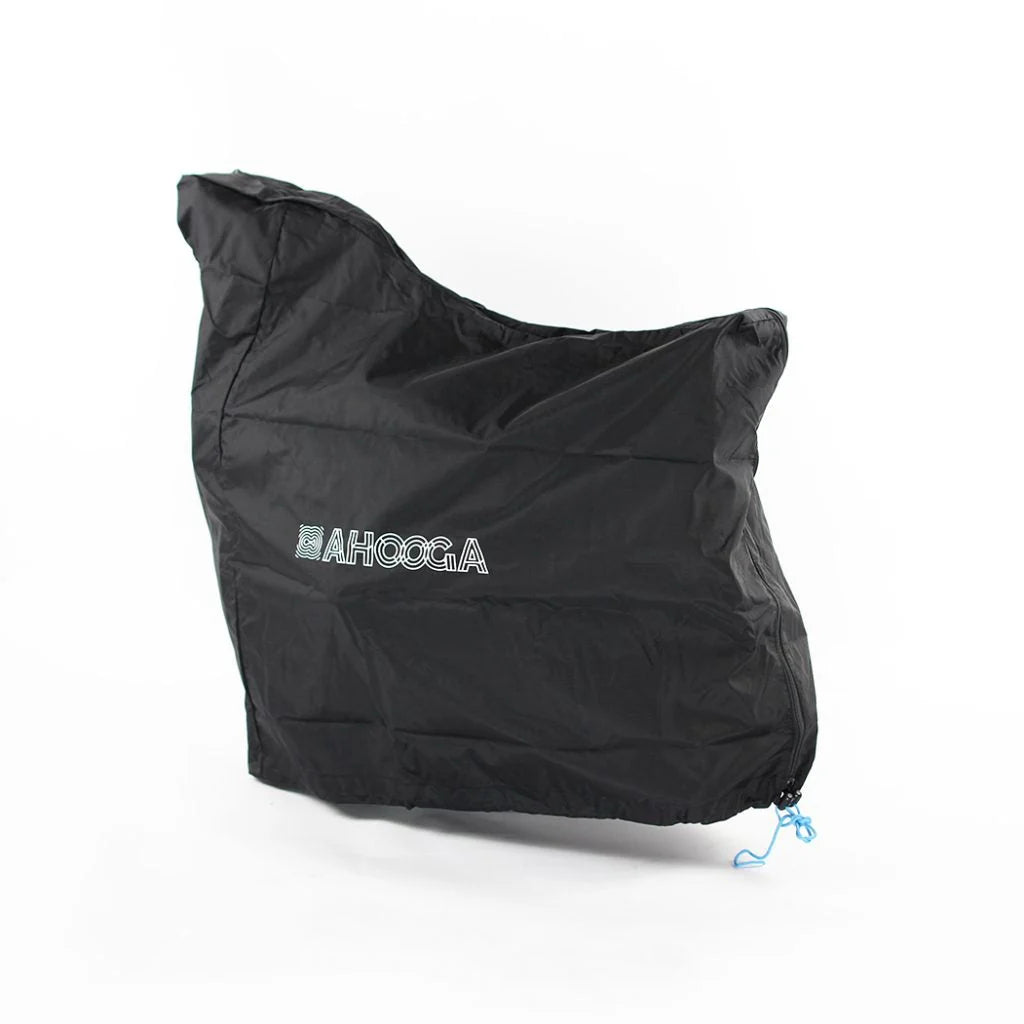 A product image of the Ahooga Transport Cover, which is made of black nylon with a white Ahooga logo on the side. The cover is for folding Ahooga ebikes when they are being brought on public transport.