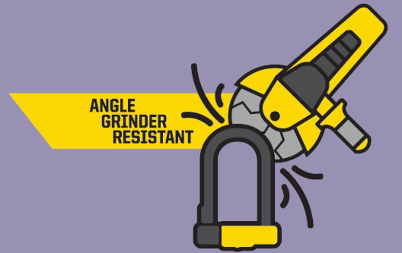 An illustration of an angle grinder disc breaking against a Kryptonite bike lock, with the accompanying text reading, "Angle Grinder Resistant"