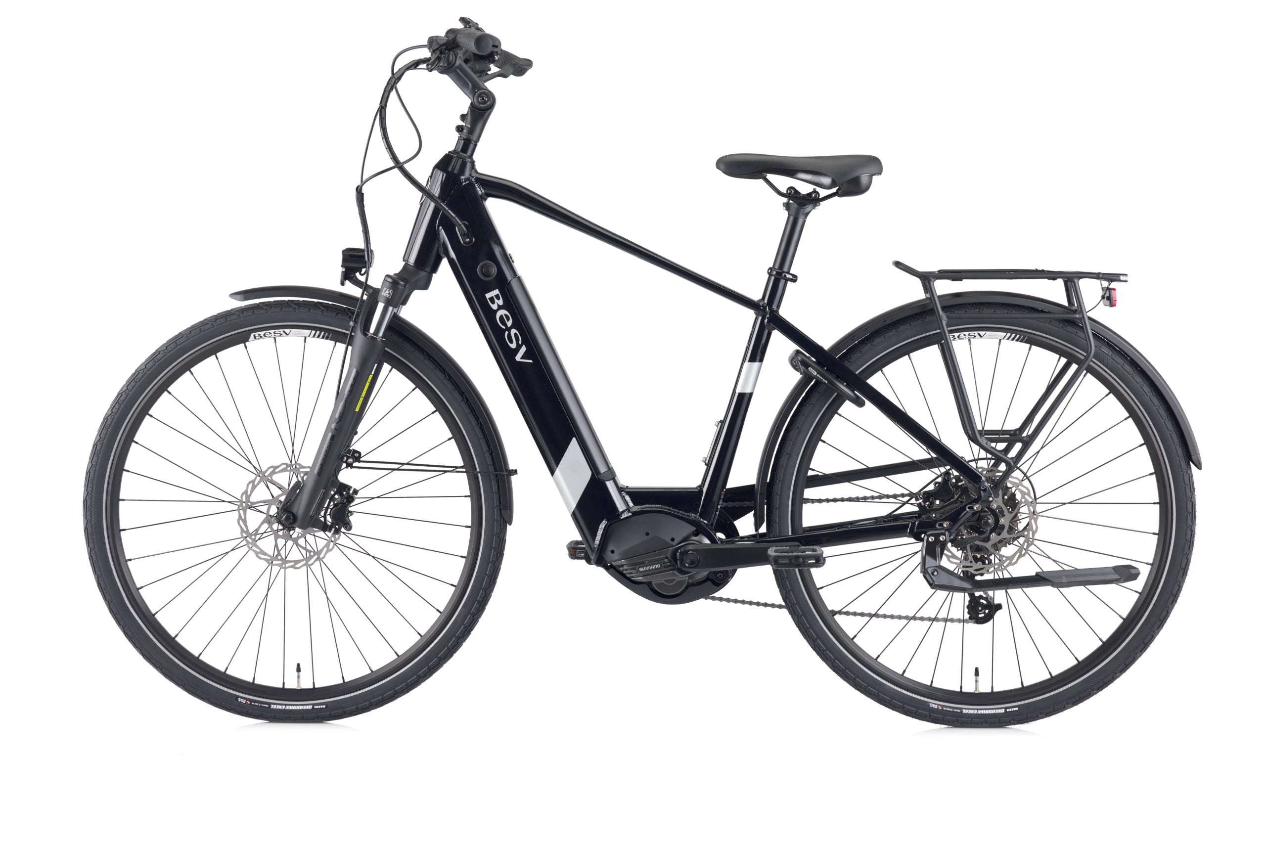 A product image of the BESV TR 2.1 electric bike, showing the crossbar frame variant in a black colour, shown from the left side.