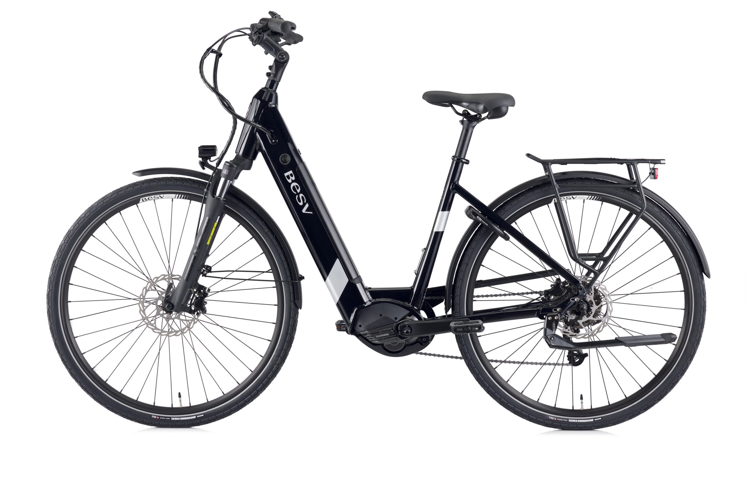 A product image of the BESV TR 2.1 electric bike, showing the step-through frame variant in a black colour, shown from the left side.