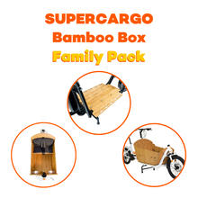 Load image into Gallery viewer, An image showing a combination of the various Yuba Supercargo accessories which make up the Yuba Open Loader Family Pack bundle. 
