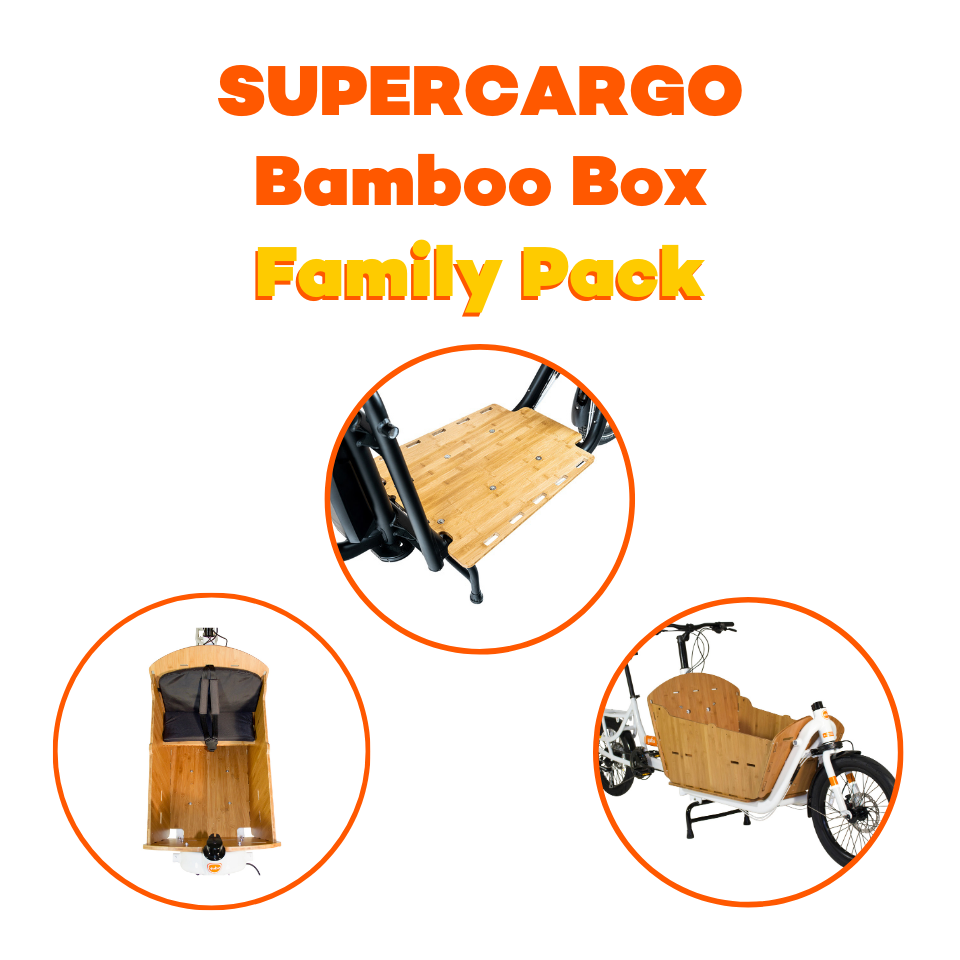 An image showing a combination of the various Yuba Supercargo accessories which make up the Yuba Open Loader Family Pack bundle. 