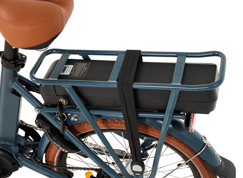 A close up photo of the battery of the Beaufort Billie electric folding bike.