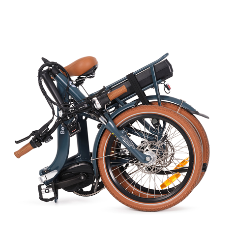 Beaufort Billie folding electric bike product photo with the bike in its folded configuration, featuring the "rackley grey" frame colour.