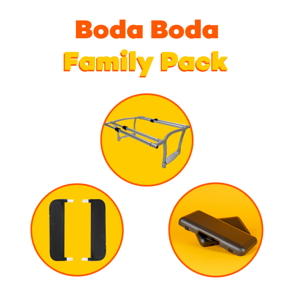 A combination image showing the three products which are included in the Yuba Boda Boda family pack bundle: Yuba Monkey Bars, Yuba Mini Soft Spots, and Yuba Compact AlloyBoards.