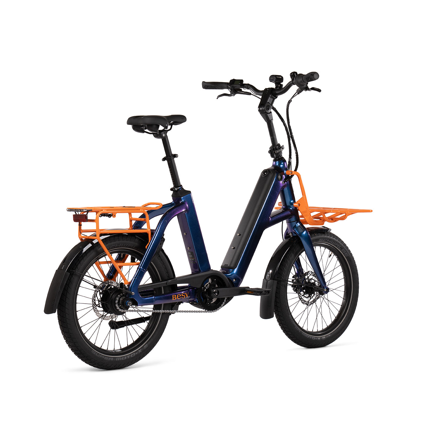 Product image of the BESV CPT 2.3 Compact Electric Bike with dark navy frame, taken from the back right side. 