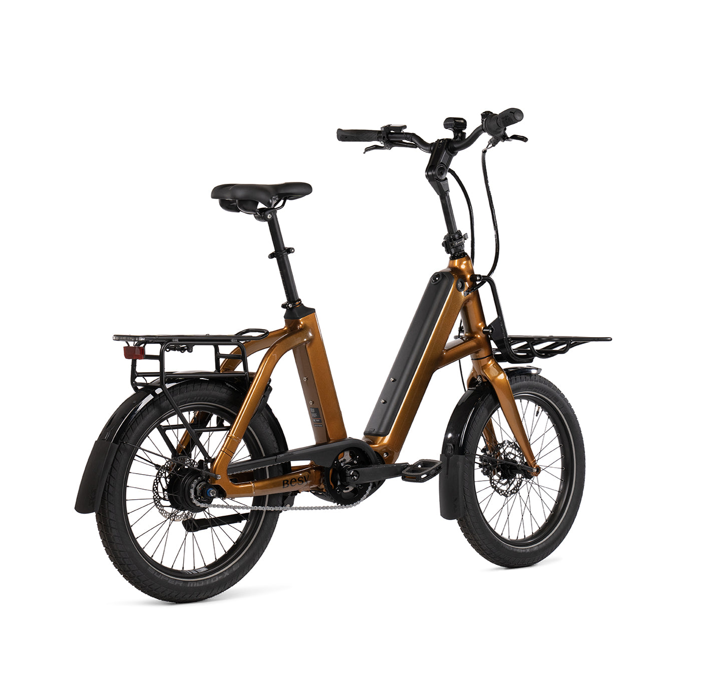 Product image of the BESV CPT 2.3 Compact Electric Bike with metallic gold frame, taken from the back right side. 