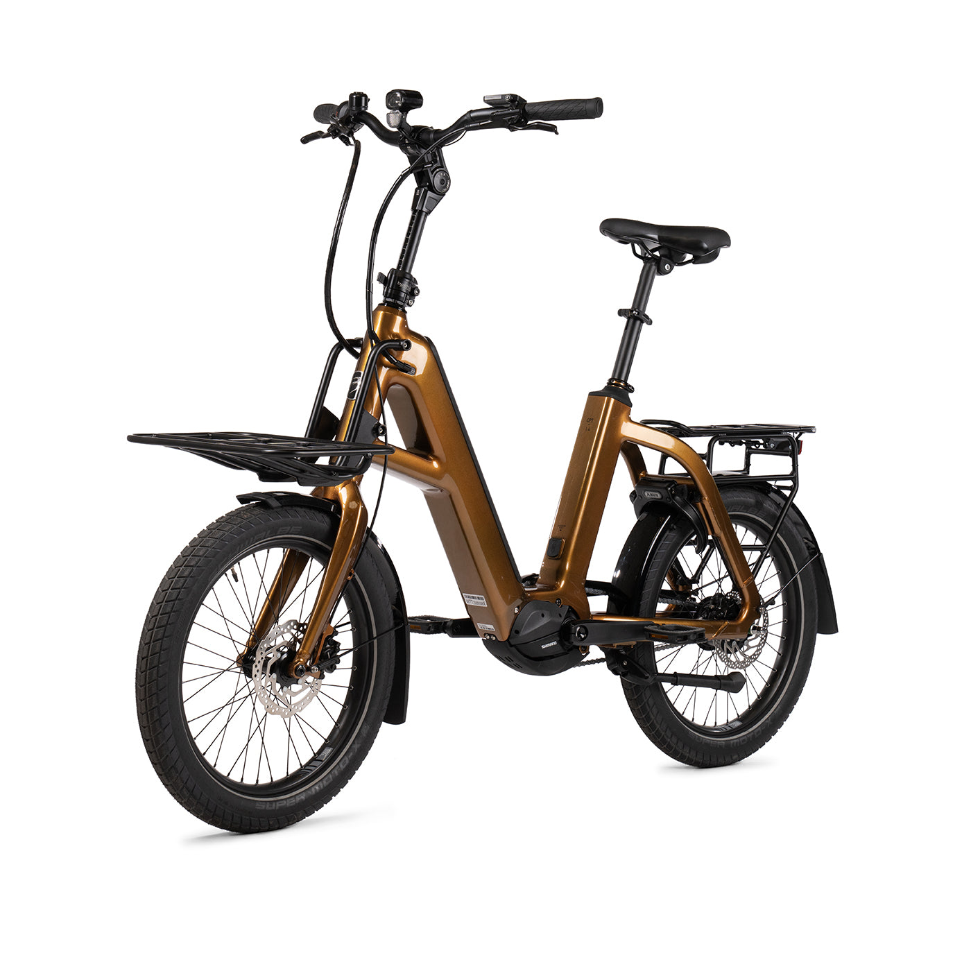 Product image of the BESV CPT 2.3 Compact Electric Bike with metallic gold frame, taken from the front left side. 