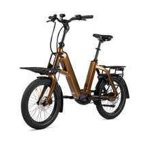 Load image into Gallery viewer, Product image of the BESV CPT 2.3 Compact Electric Bike with metallic gold frame, taken from the front left side. 
