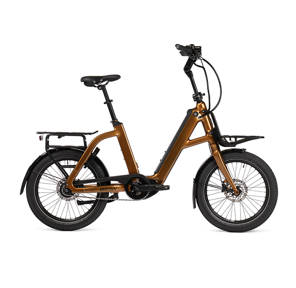 Product image of the BESV CPT 2.3 Compact Electric Bike with metallic gold frame, taken from the right side. 