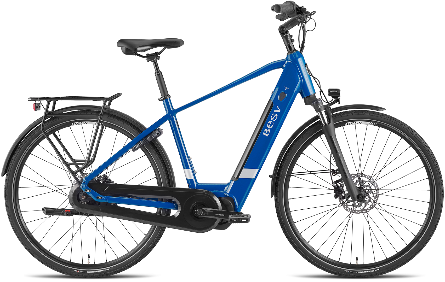 Product image of the BESV CT 2.3 electric bike with the crossbar frame variant, in the colour denim blue.