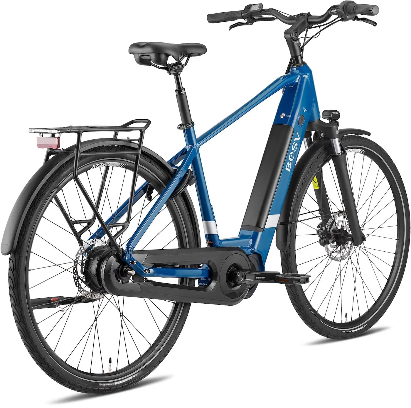 Product image of the BESV CT 2.3 electric bike with the crossbar frame variant, in the colour denim blue, shown from the back right of the bike.