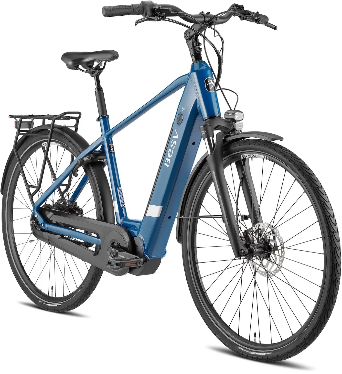 Product image of the BESV CT 2.3 electric bike with the crossbar frame variant, in the colour denim blue, shown from the front right of the bike.