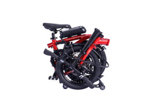 Load image into Gallery viewer, A product image showing the Dahon Curl Ei4 electric folding bike against a white background. The frame colour is red. The bike is in its fully folded position.
