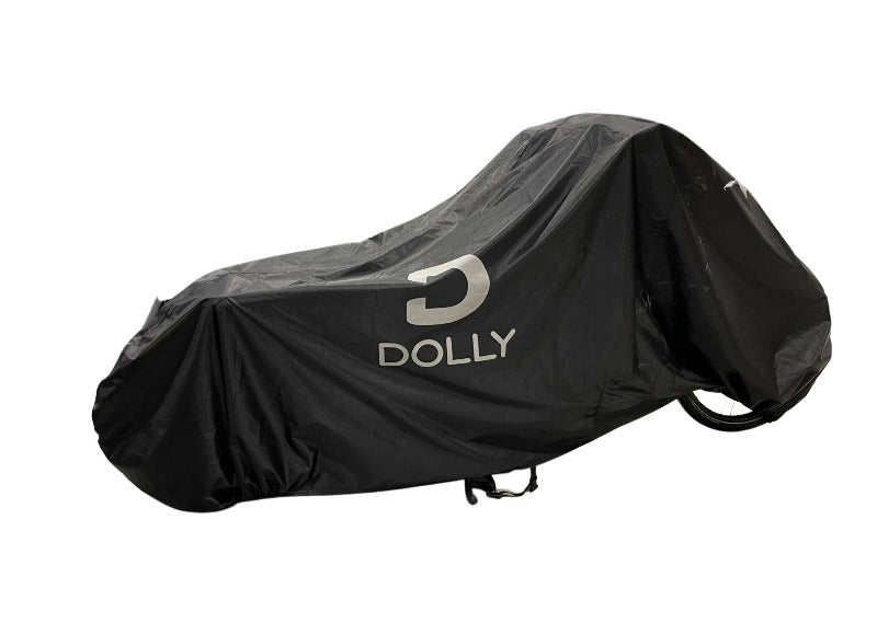 A product image showing a cargo bike covered by the Dolly cargo bike cover.