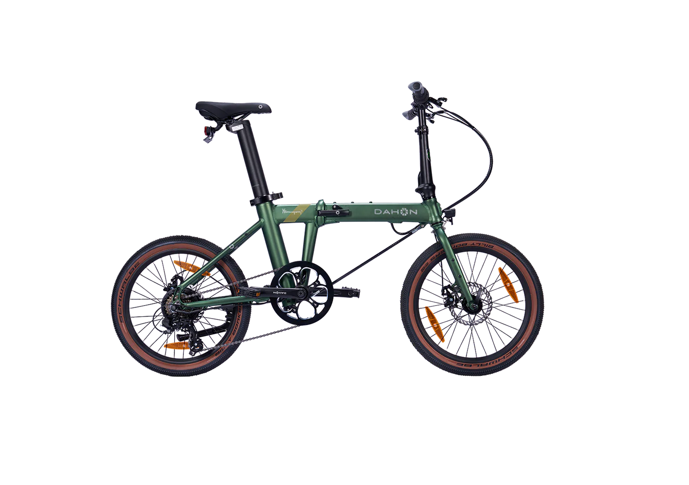 A product image of a folding Dahon E-Hemingway electric bike with a green frame. 