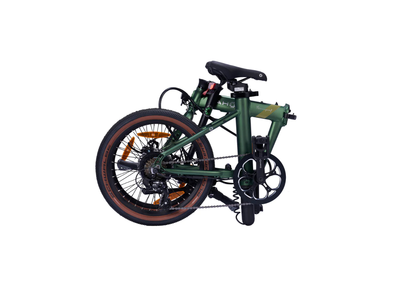 A product image of a folding Dahon E-Hemingway electric bike with a green frame in its folded configuration.