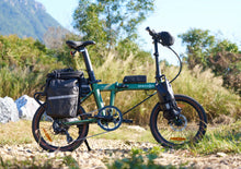 Load image into Gallery viewer, Green Dahon electric bike with a black bag on a natural landscape background
