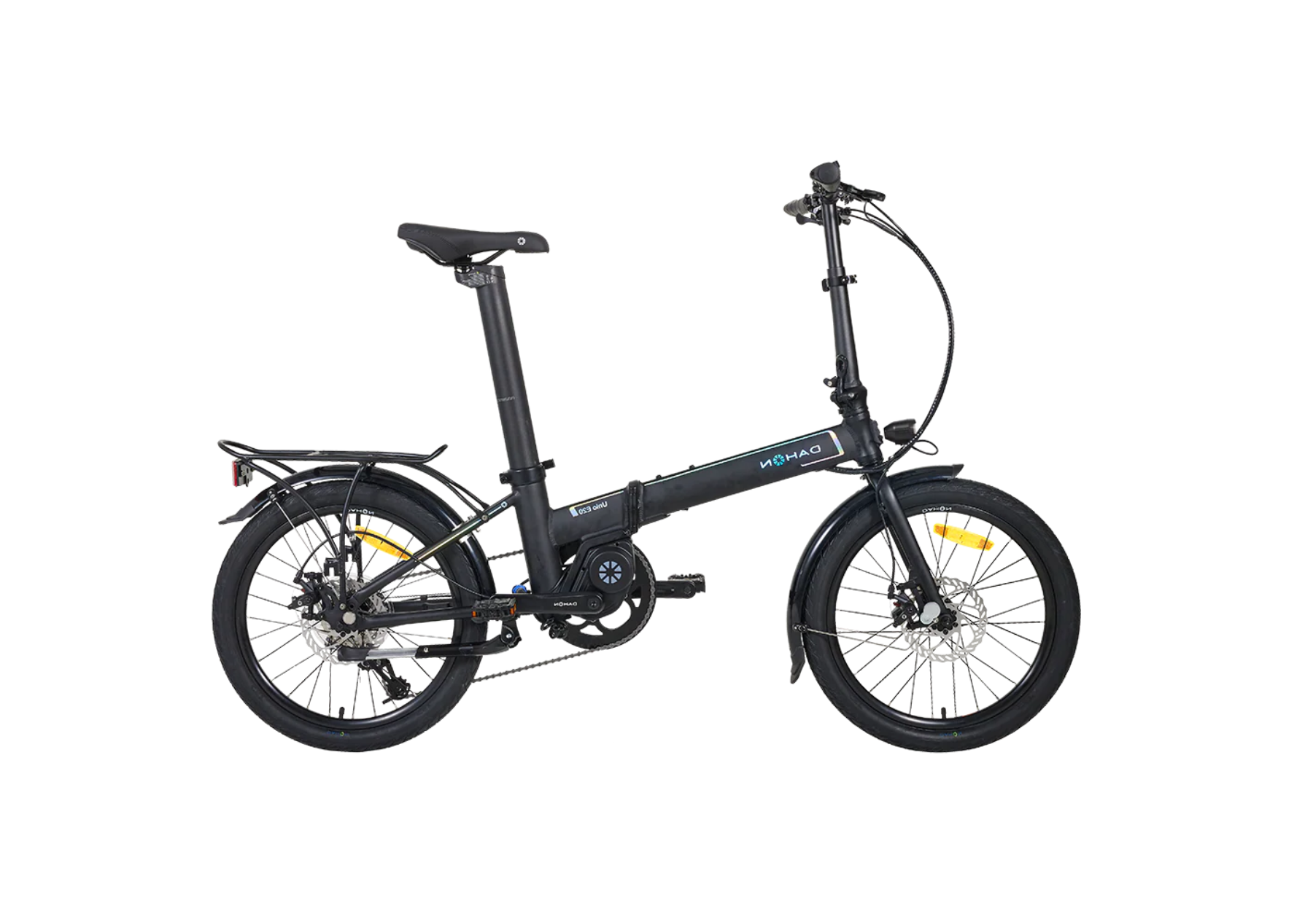 A product image of a Dahon Unio E20 folding electric bike with the frame colour obsidian.