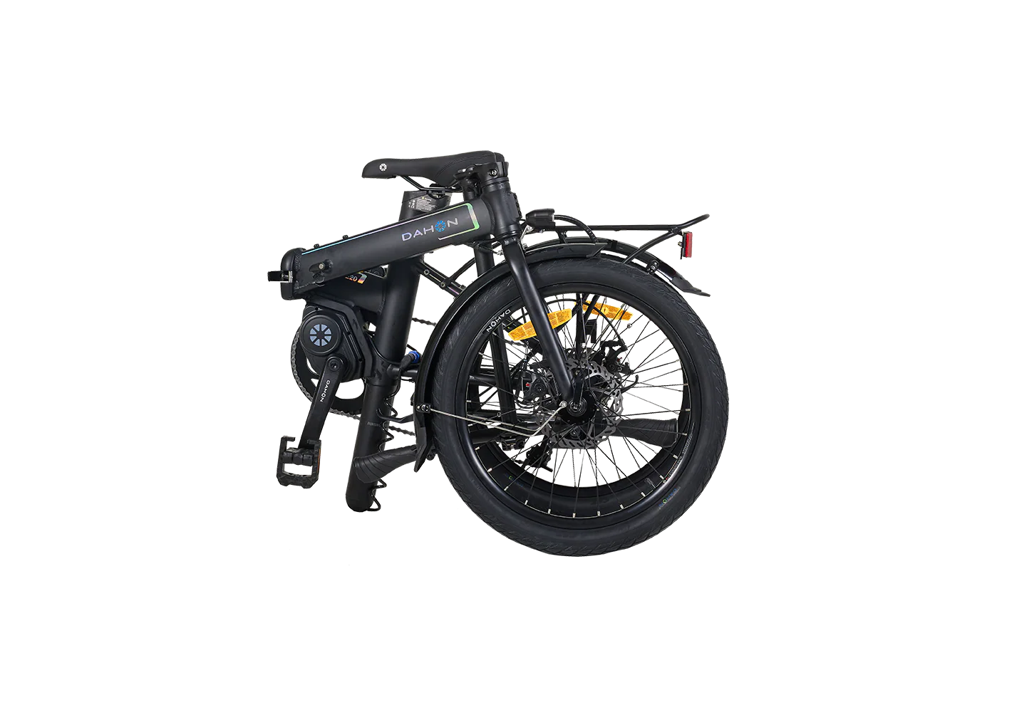 A product image of a Dahon Unio E20 folding electric bike with the frame colour obsidian. The bike is in its folded position.