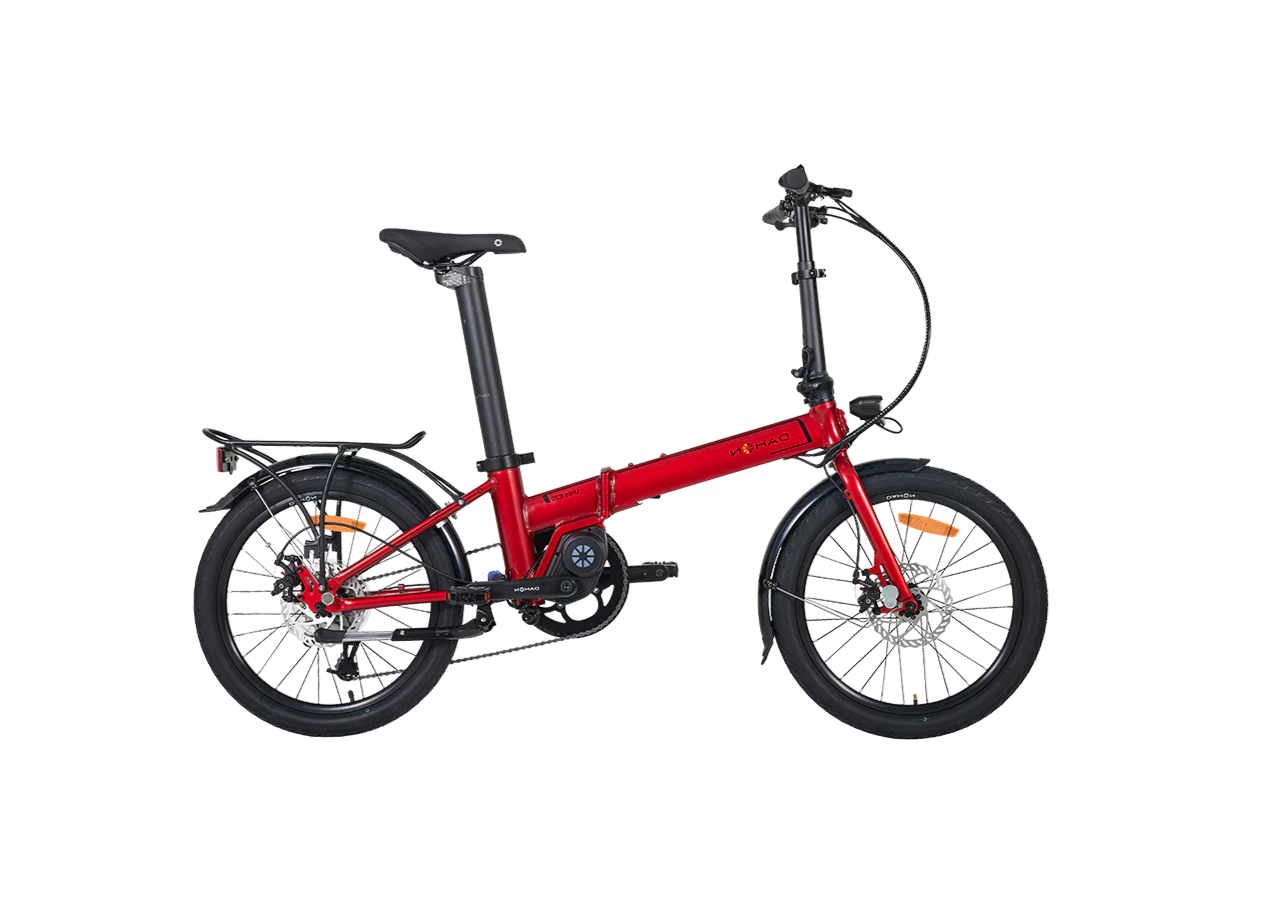 A product image of a Dahon Unio E20 folding electric bike with the frame colour red.