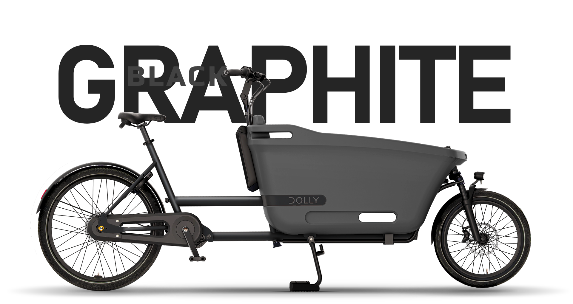 Product image of the Dolly Joy electric cargo bike with a black frame and cargo box. There is large text behind the bike describing its colour: Graphite Black.