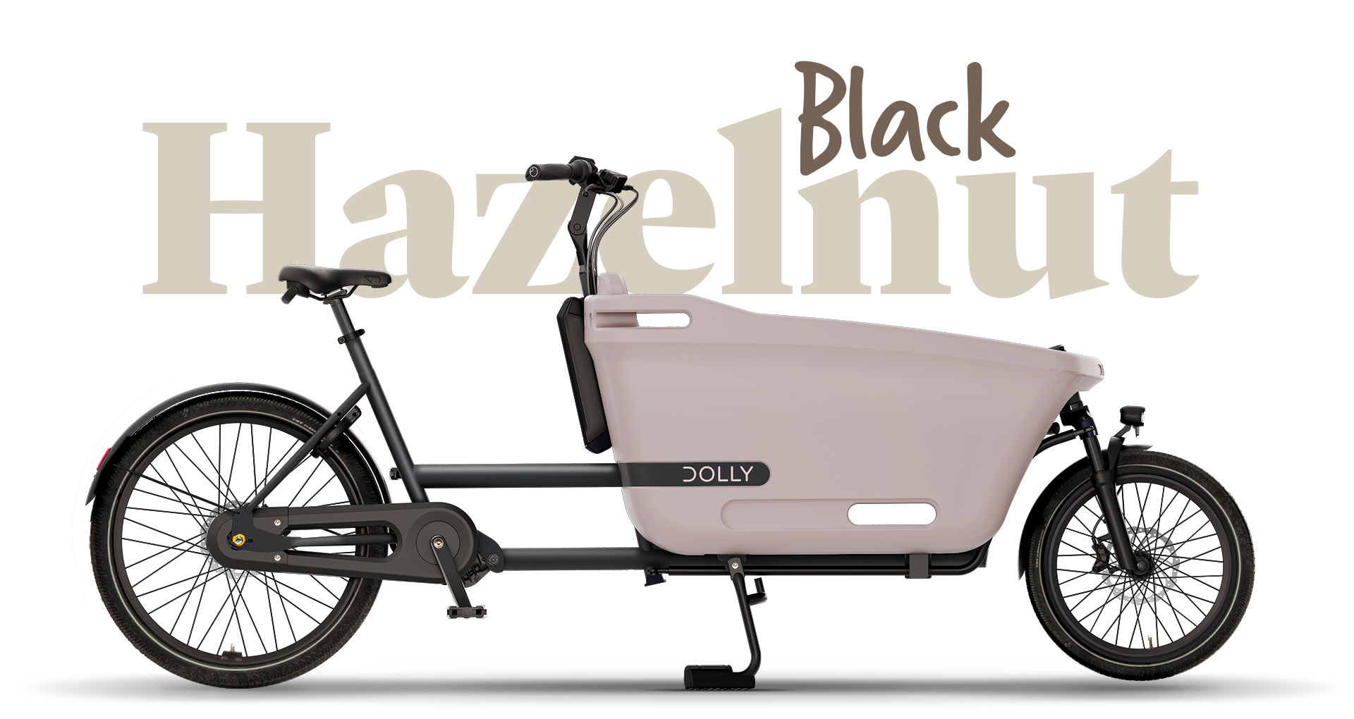 Product image of the Dolly Joy electric cargo bike with a black frame and cargo box. There is large text behind the bike describing its colour: Hazelnut Black.