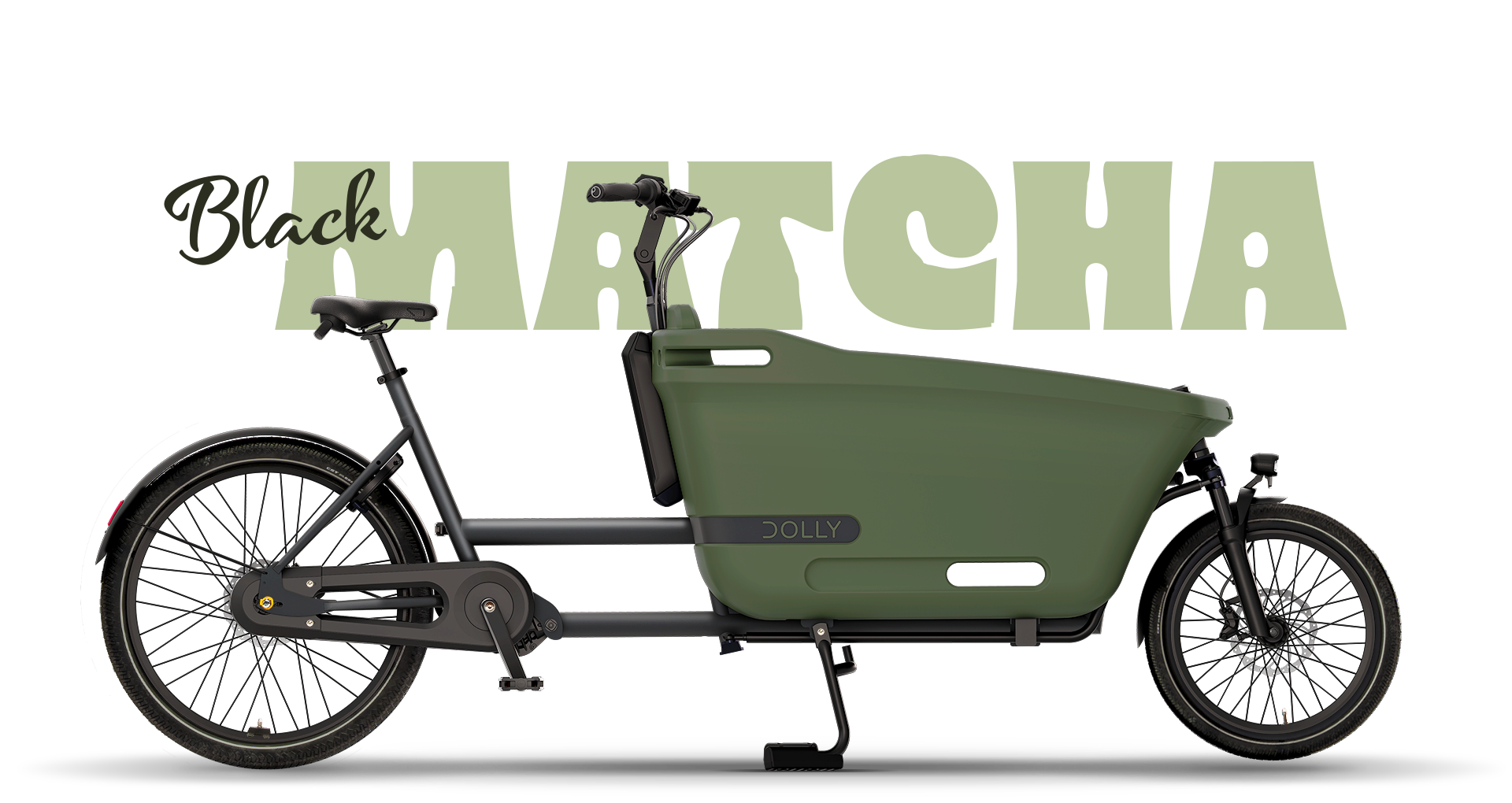 Product image of the Dolly Joy electric cargo bike with a black frame and cargo box. There is large text behind the bike describing its colour: Matcha Black.