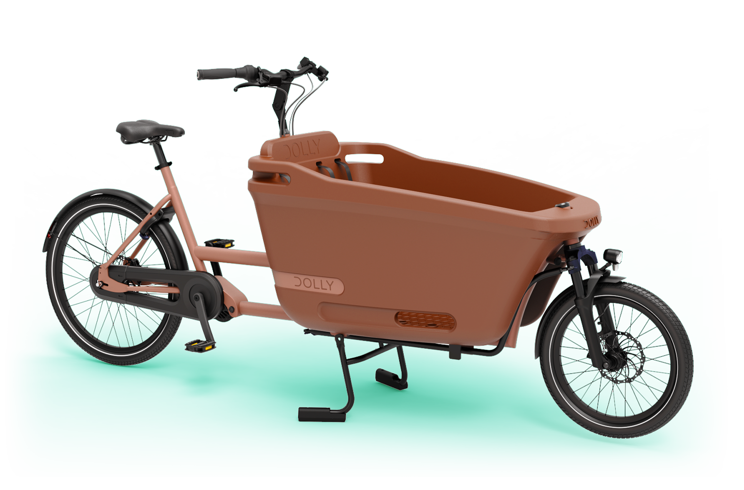 Product image of the Dolly Joy electric cargo bike with an orange frame and cargo box, seen from an oblique angle.
