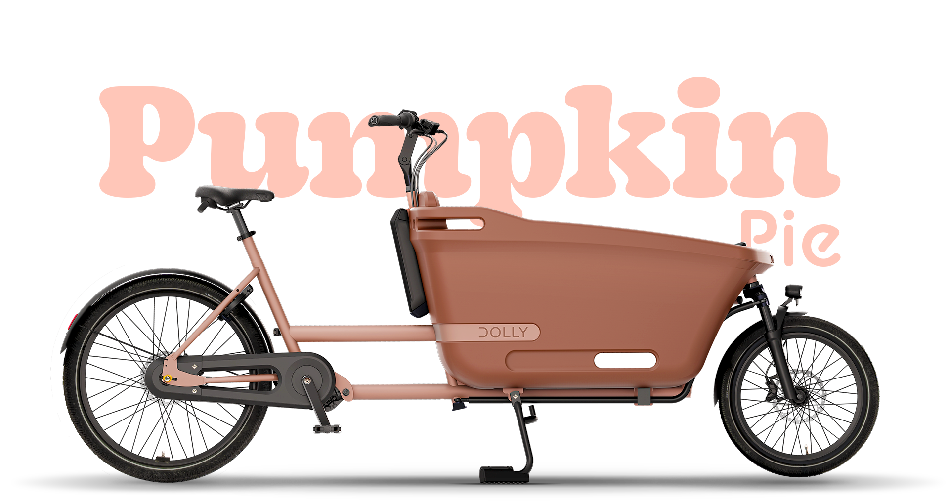 Product image of the Dolly Joy electric cargo bike with a black frame and cargo box. There is large text behind the bike describing its colour: Pumpkin Pie.
