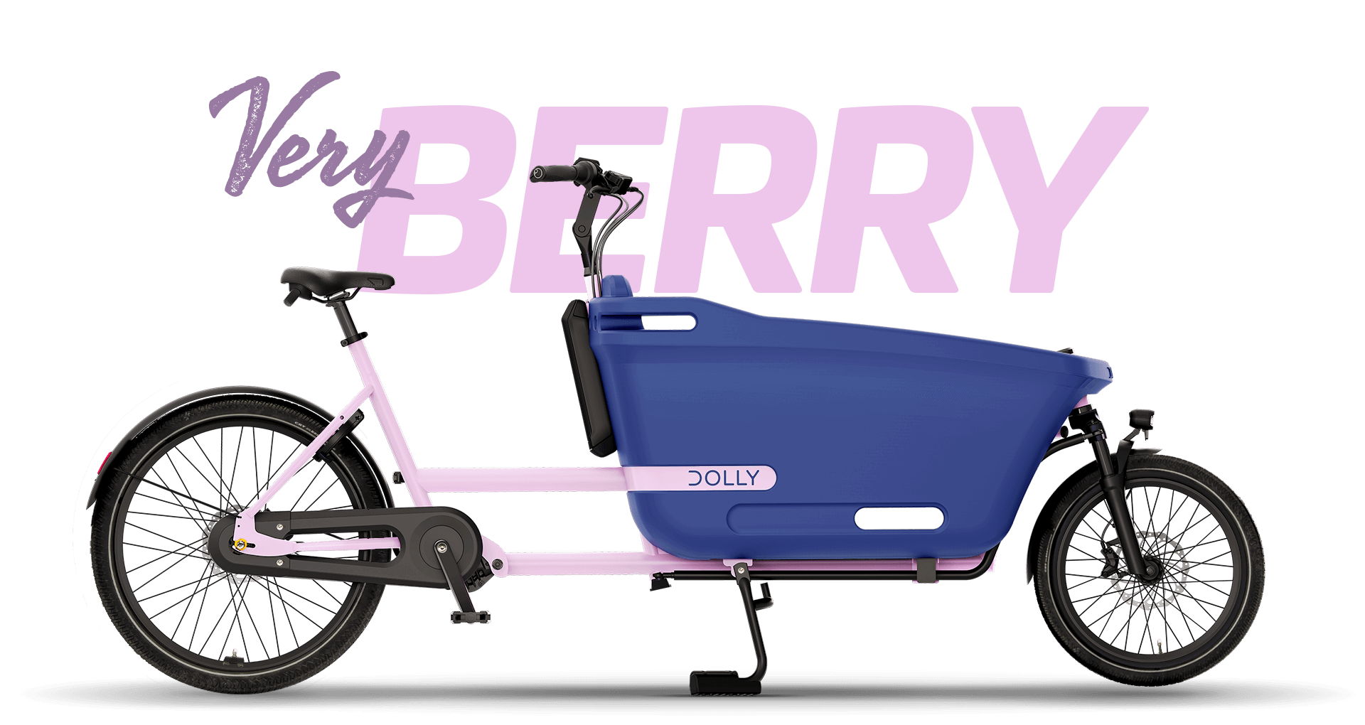 Product image of the Dolly Joy electric cargo bike with a black frame and cargo box. There is large text behind the bike describing its colour: Very Berry.