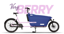 Load image into Gallery viewer, Product image of the Dolly Joy electric cargo bike with a black frame and cargo box. There is large text behind the bike describing its colour: Very Berry.
