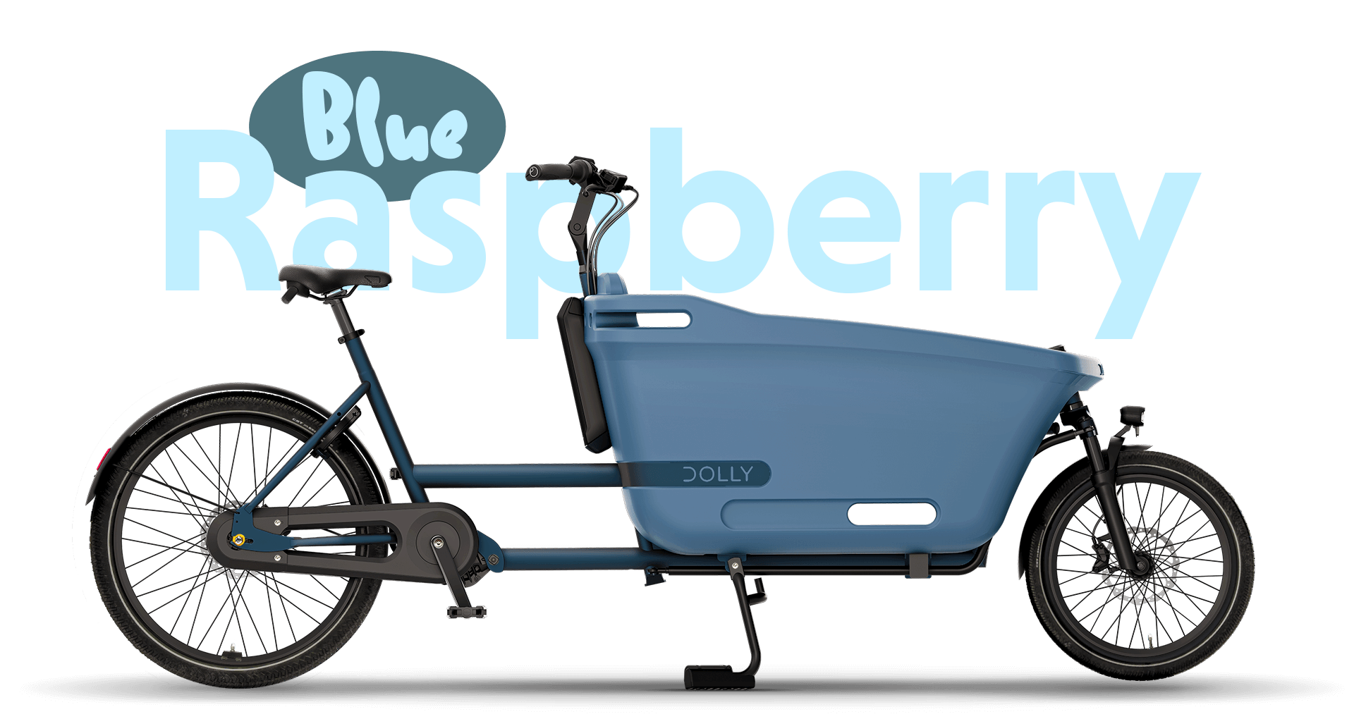 Product image of the Dolly Joy electric cargo bike with a black frame and cargo box. There is large text behind the bike describing its colour: Raspberry Blue.