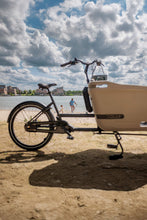 Load image into Gallery viewer, A lifestyle image showing a Dolly Joy electric cargo bike parked at the beach, while a father and son play on the sand nearby. 
