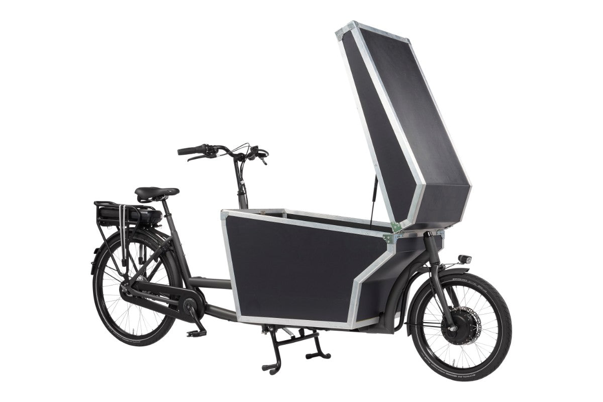Black cargo bike with a large storage box on a white background