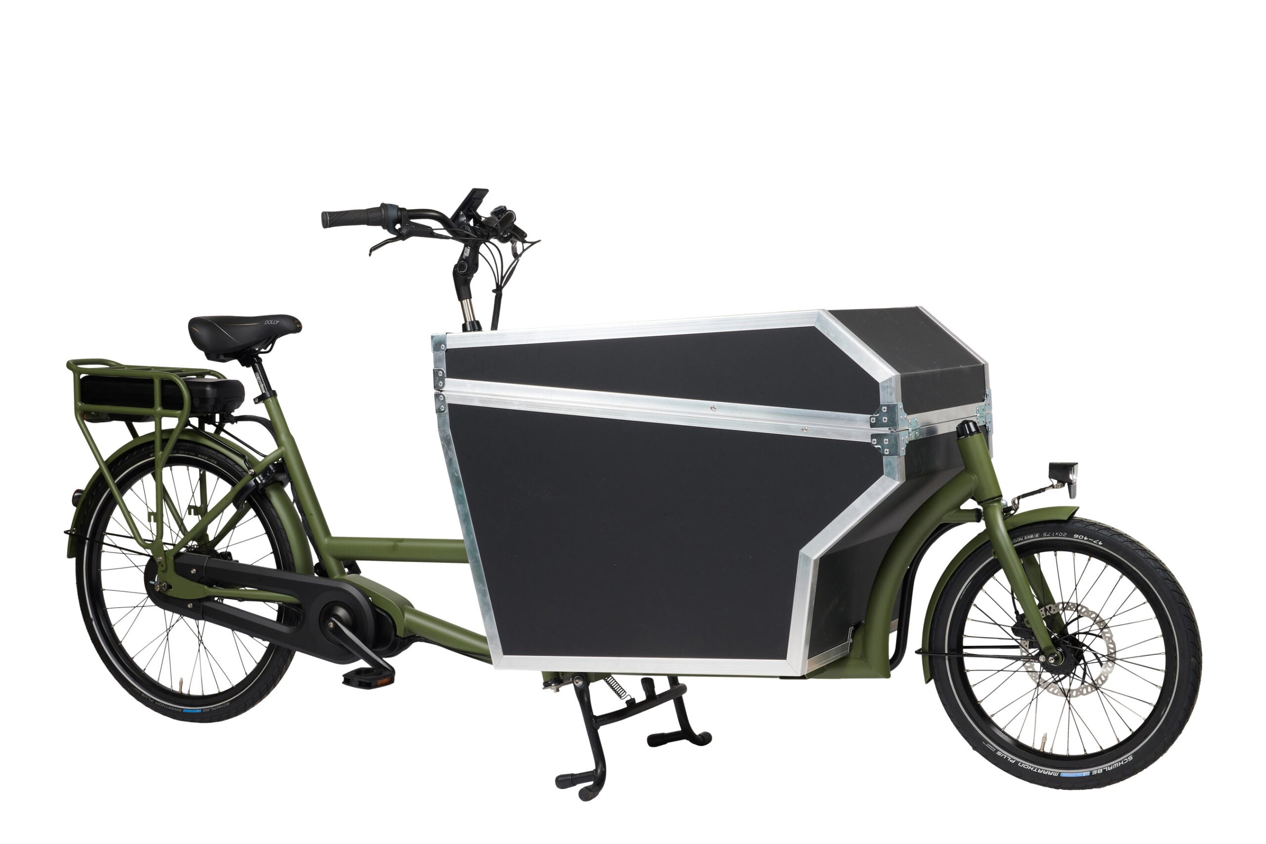 A Dolly Professional electric Cargo bike with a black weatherproof 
storage box on a white background.