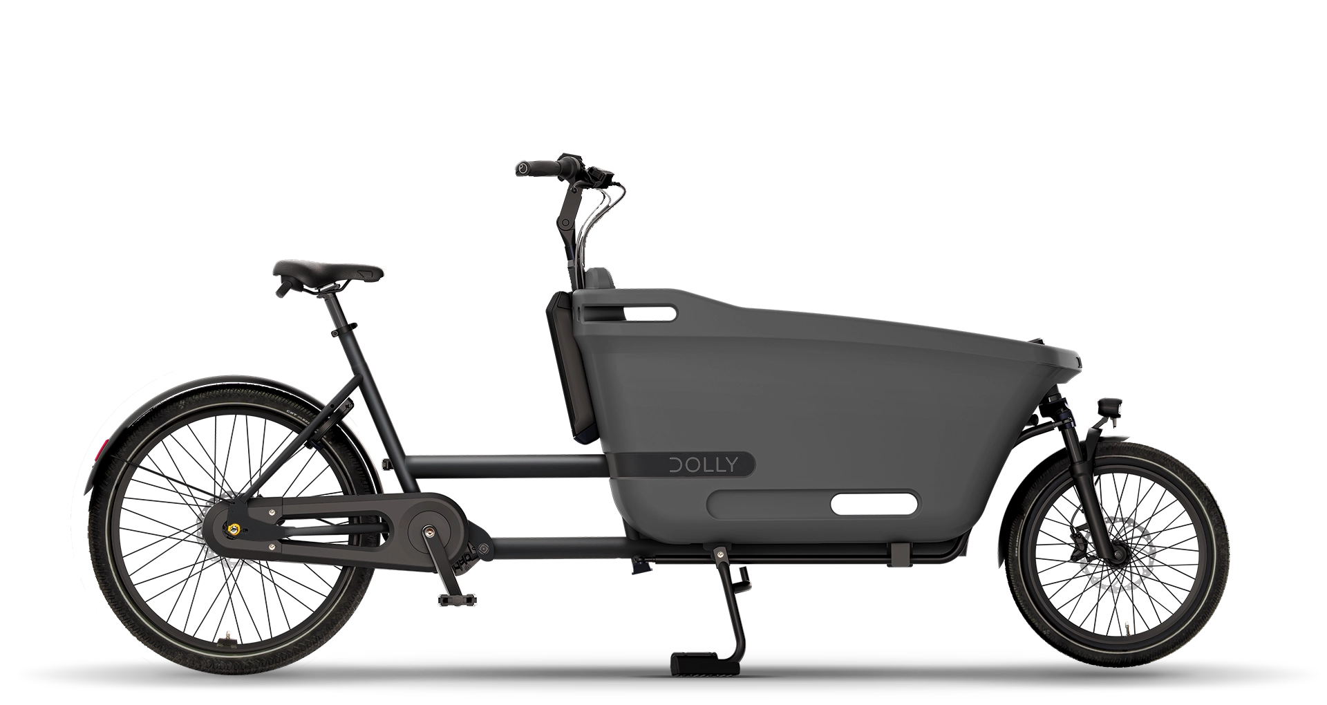 Product image of the Dolly Joy electric cargo bike with a black frame and cargo box. 