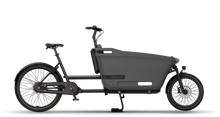 Load image into Gallery viewer, Product image of the Dolly Joy electric cargo bike with a black frame and cargo box. 
