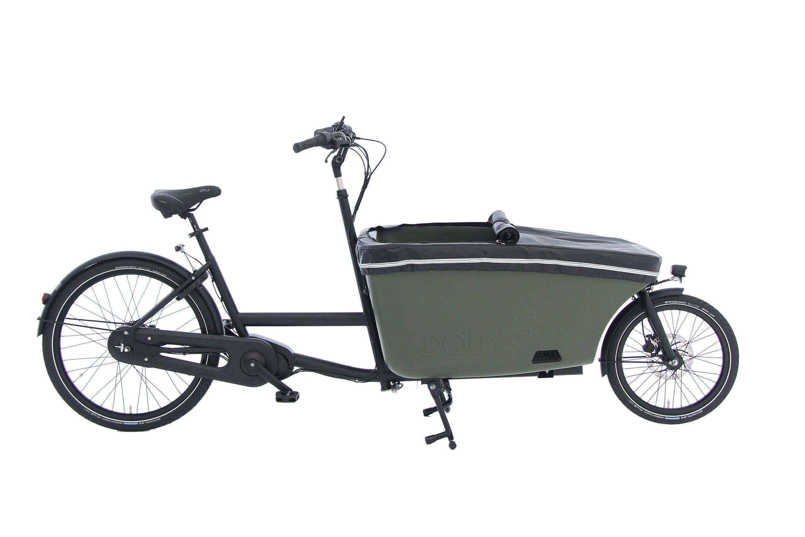 A product image showing the flat rain cover on the Dolly electric cargo bike. This photo is taken from the side of the bike.