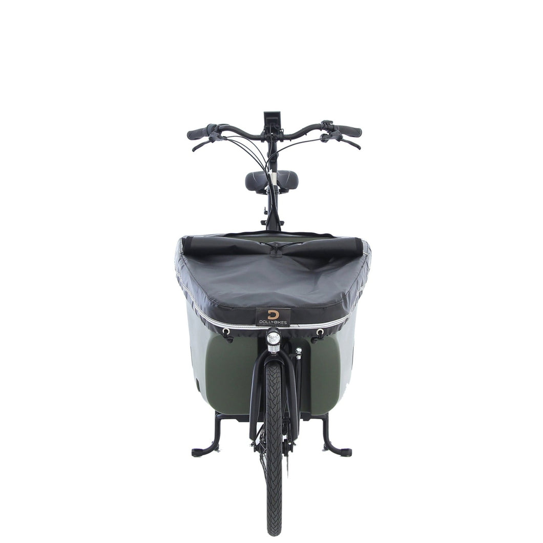 A product image showing the flat rain cover on the Dolly electric cargo bike. 