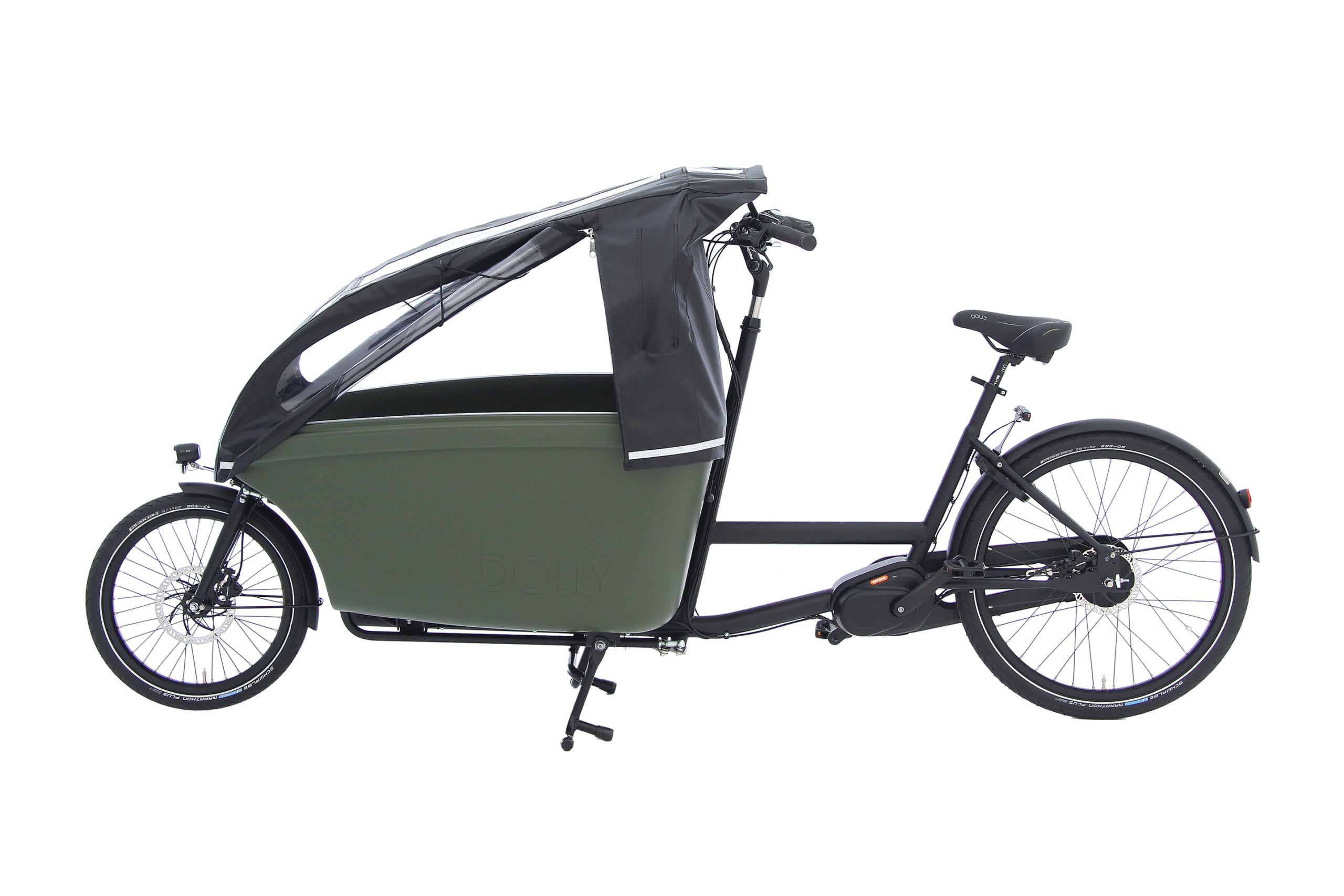 A product image featuring the Dolly electric cargo bike with a rain tent accessory installed. The zippers are open on the tent in this photo with the sides rolled up to allow extra ventilation.
