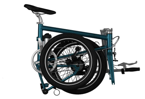 A product image of the Ahooga Active 24V folding electric bike showing it in its fully folded configuration. The frame colour is turquoise. The Ahooga Active is available to buy from Bleeper.