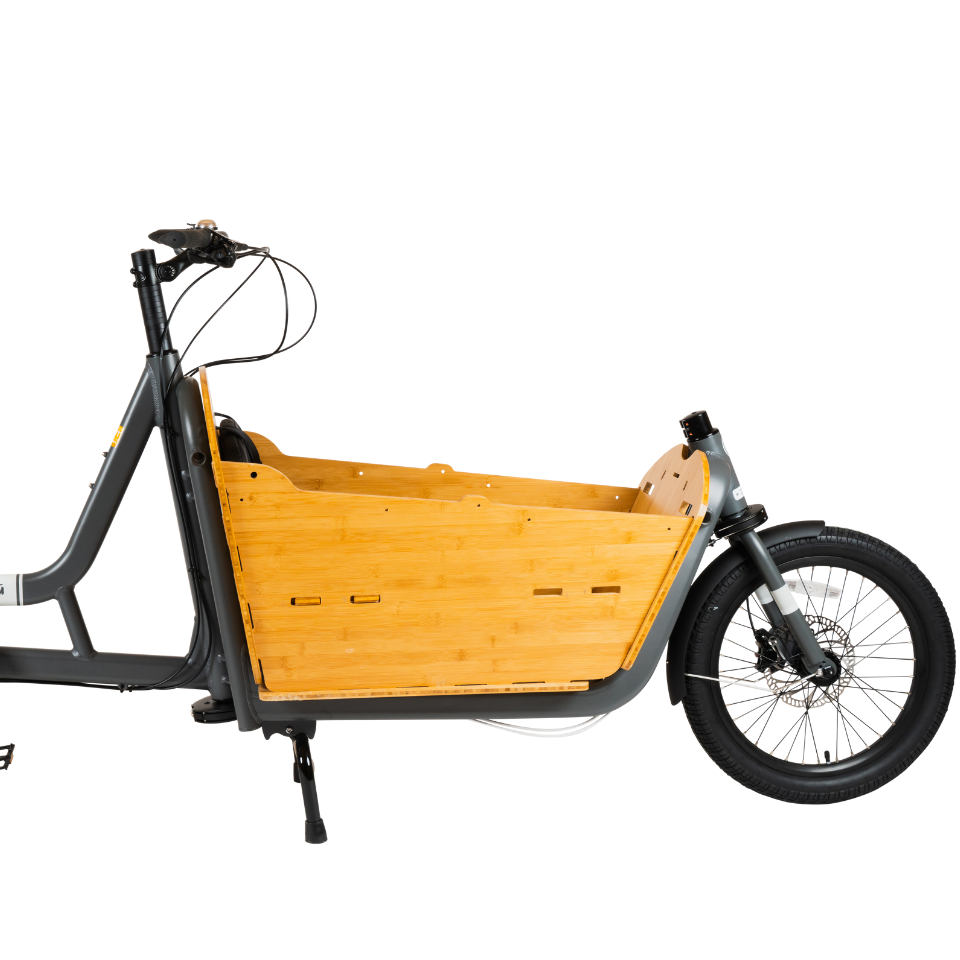 A side view of the Yuba Bamboo Box add-on for the Yuba Supercargo CL electric cargo bike.