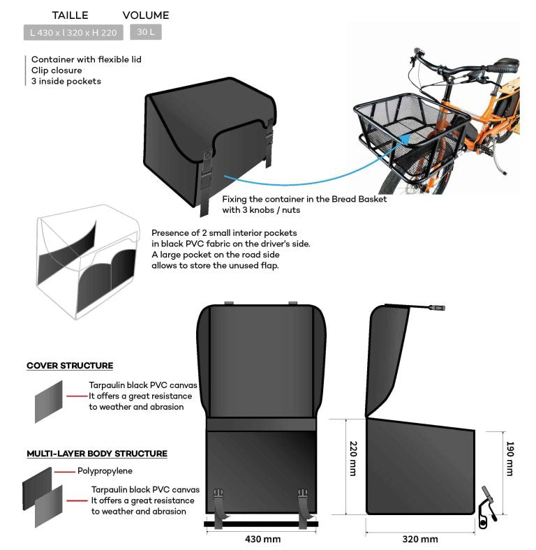 A diagram showing the dimensions of the Yuba Front Pro Pack and how it attaches to the Yuba Bread Basket.