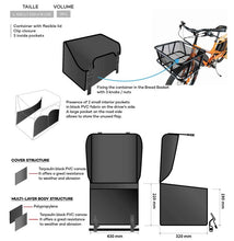 Load image into Gallery viewer, A diagram showing the dimensions of the Yuba Front Pro Pack and how it attaches to the Yuba Bread Basket.
