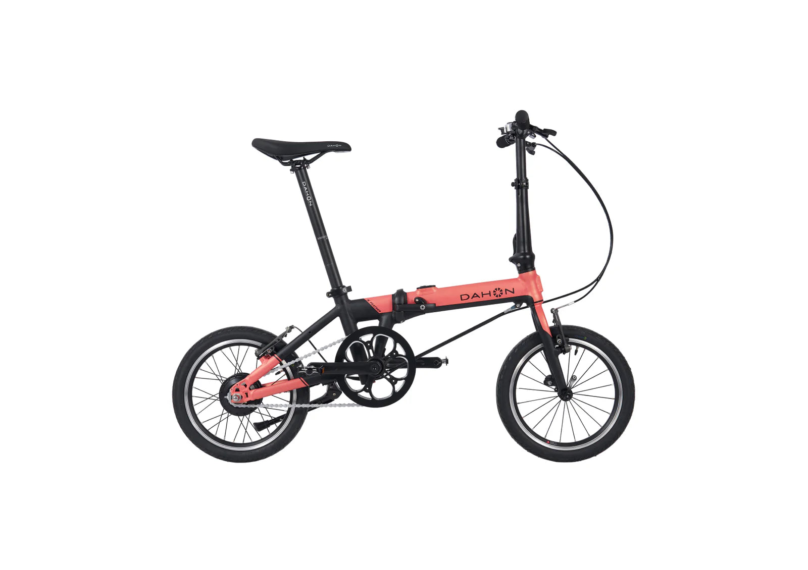 A black and pink Dahon K-feather folding electric bike on a white background.