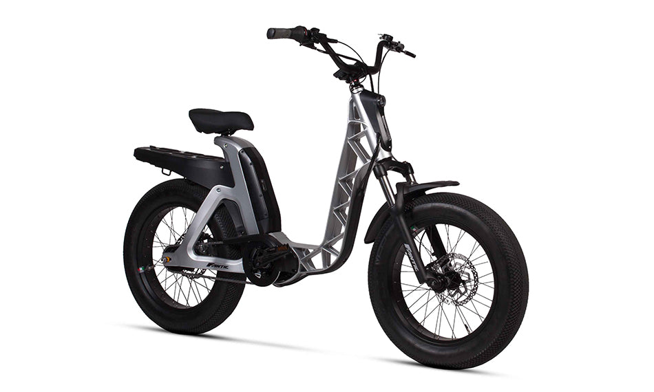 A product image of the Fantic Issimor Urban Electric Bike, showing the grey frame option. This photo is taken from the front right.