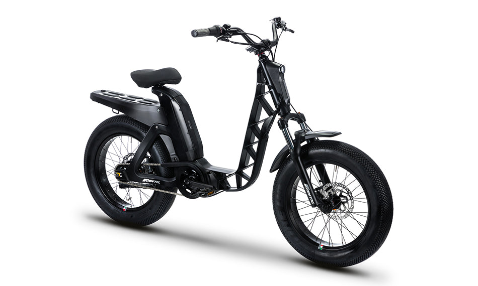 A product image of the Fantic Issimor Urban Electric Bike, showing the black from option. This photo is taken from the front right of the bike.