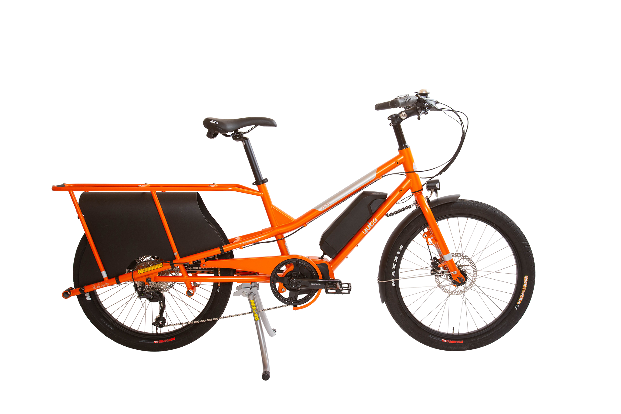 A product image of the Yuba Kombi E5 electric longtail cargo bike which can be hired from LeaseBike. The photo shows the right side of the cargo bike in its bare configuration without any accessories attached. 